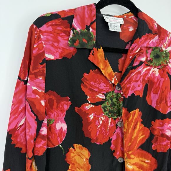 Victor Costa Silk Button Up Shirt Women size Medium Big Flower Print Long Slv - Picture 2 of 9